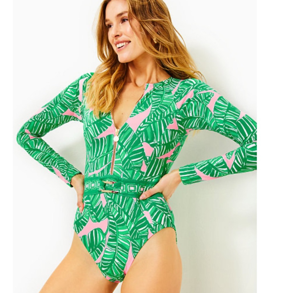 Lilly Pulitzer Toretta Rashguard one piece swim Conch Shell Pink Let’s Go Banana